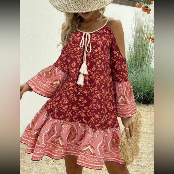 Boho cold shoulder tassel dress - Picture 1 of 6